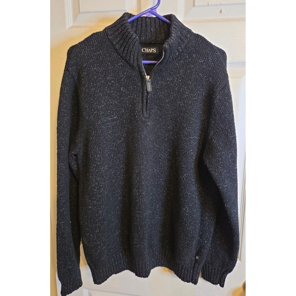 CHAPS Mens Medium Quarter Zip Sweater Black Charcoal Cotton Knit Pullover M